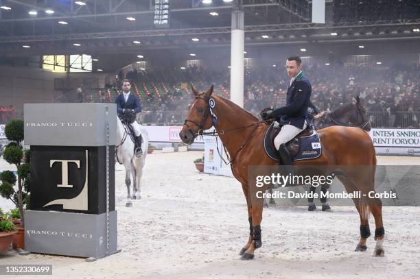 Award ceremony for Denis Lynch of Ireland riding Rubens LS la Silla for the Franco Tucci jumping competition during the Longine World Cup CSI5-W on...