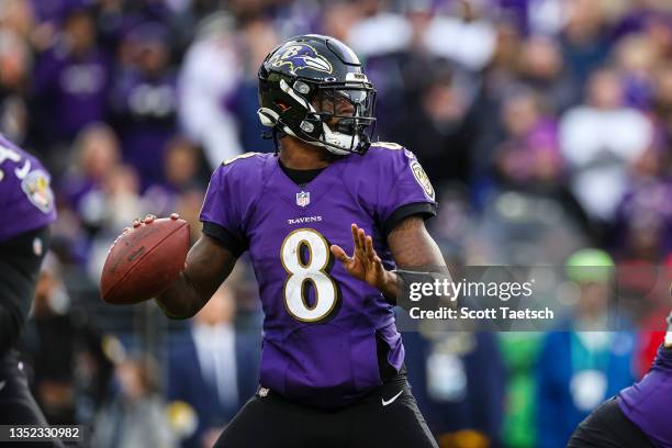 Lamar Jackson of the Baltimore Ravens looks to pass against the Minnesota Vikings during the second half at M&T Bank Stadium on November 7, 2021 in...