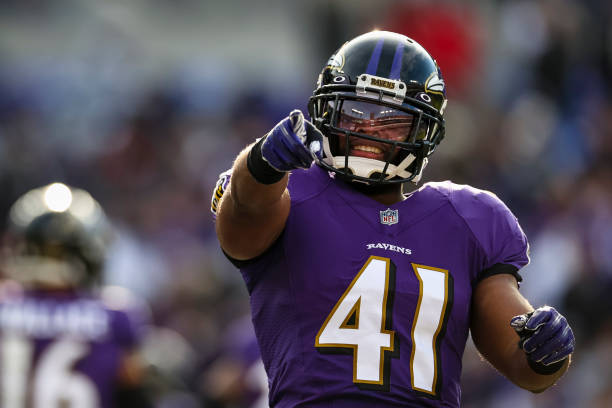 Anthony Levine Sr. #41 of the Baltimore Ravens reacts after a play against the Minnesota Vikings during the first half at M&T Bank Stadium on...
