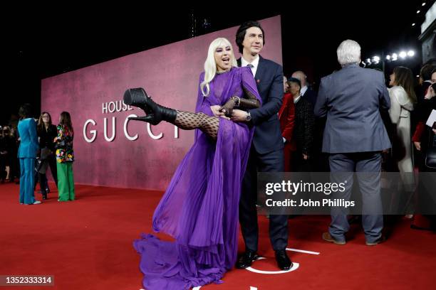 Lady Gaga and Adam Driver attend the UK Premiere Of "House of Gucci" at Odeon Luxe Leicester Square on November 09, 2021 in London, England.