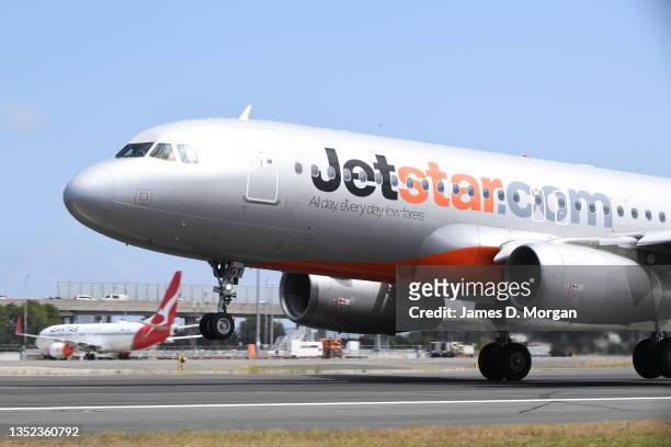 Jetstar aircraft lands at Sydney Airport on November 09, 2021 in Sydney, Australia.