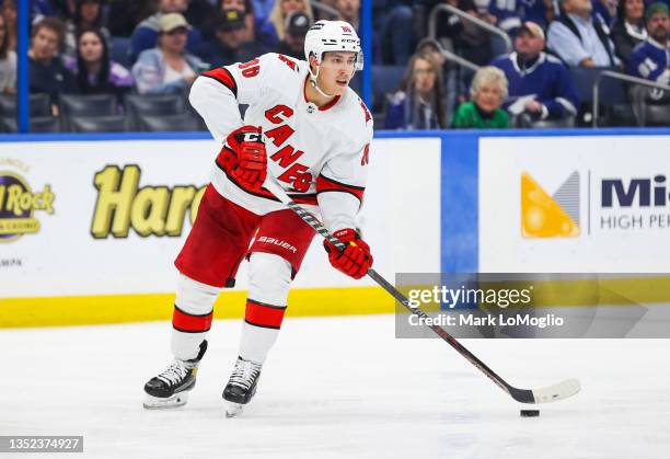 Teuvo Teravainen of the Carolina Hurricanes against the Tampa Bay Lightning during the second period at Amalie Arena on November 9, 2021 in Tampa,...