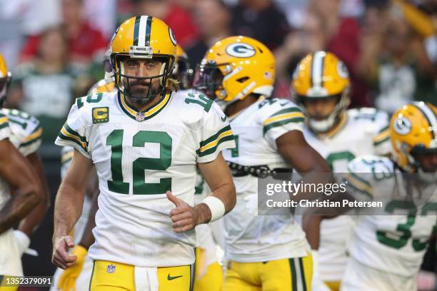 Quarterback Aaron Rodgers of the Green Bay Packers during the NFL game at State Farm Stadium on October 28, 2021 in Glendale, Arizona. The Packers...