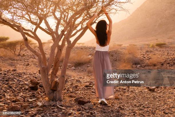 beautiful woman at rocky desert in fujairah mountains at sunset, united arab emirates - hot arab women stock pictures, royalty-free photos & images