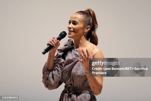 Paula Patton speaks onstage at the premiere for the new BET+ original series 'Sacrifice' at The West Hollywood EDITION on November 09, 2021 in West...