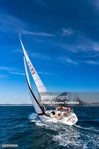 friends practicing for a yacht race on the weekend at sea. - sailing ship stock pictures, royalty-free photos & images