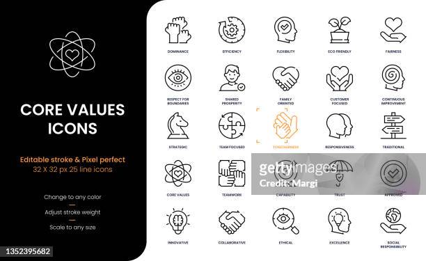 illustrations, cliparts, dessins animés et icônes de valeurs fondamentales icônes de ligne de contour modifiables - questions sociales