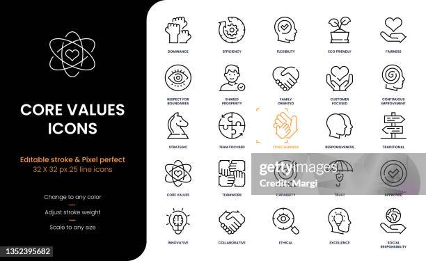 bildbanksillustrationer, clip art samt tecknat material och ikoner med core values editable stroke line icons - förtroende