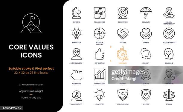 stockillustraties, clipart, cartoons en iconen met core values editable stroke line icons - quality management