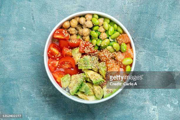 still life of poke bowl - chick pea salad stock pictures, royalty-free photos & images