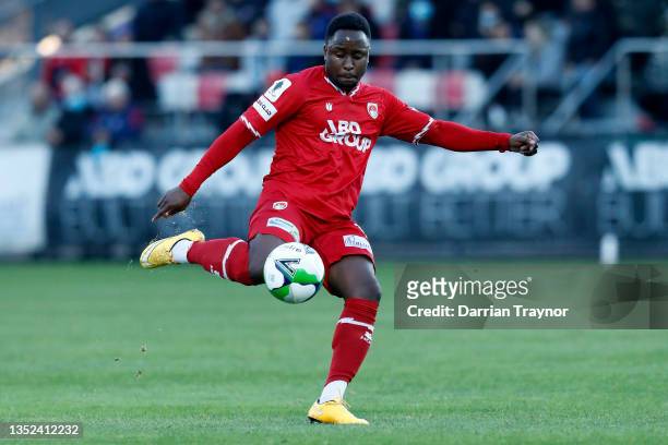 Mark Ochieng of Hume City scores during the FFA Cup round of 32 match between Hume City FC and Port Melbourne Sharks SC at ABD Stadium on November...