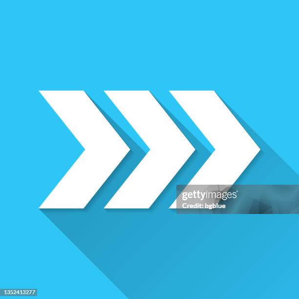 triple chevrons pointing right. icon on blue background - flat design with long shadow - chevron icon stock illustrations