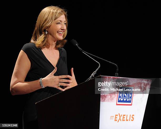 News correspondent Chris Jansing speaks onstage at the 50th USO Armed Forces gala & Gold Medal dinner at The New York Marriott Marquis on December 7,...