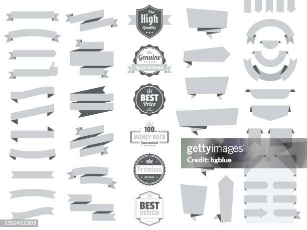 set of gray ribbons, banners, badges, labels - design elements on white background - corner ribbon stock illustrations