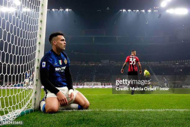 Lautaro Martinez of FC Internazionale looks dejected during the Serie A match between AC Milan and FC Internazionale at Stadio Giuseppe Meazza on...