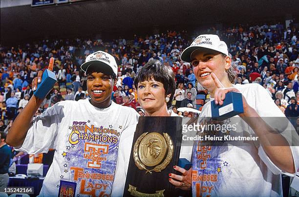 Final Four: Tennessee coach Pat Summitt victorious with National Championship trophy after winning game vs Old Dominion at Riverfront Coliseum....