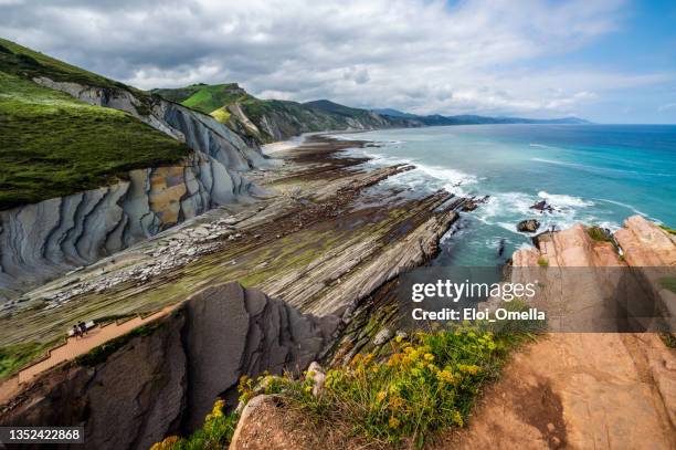 zumaia flysch. guipuzcoa. basque country, spain - comunidad autonoma del pais vasco stockfoto's en -beelden