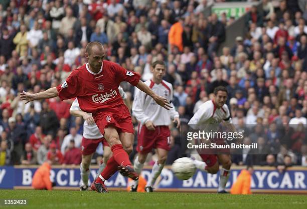 Danny Murphy of Liverpool scores their 3rd goal from a penalty during the FA Barclaycard Premiership match between Liverpool and Southampton at...
