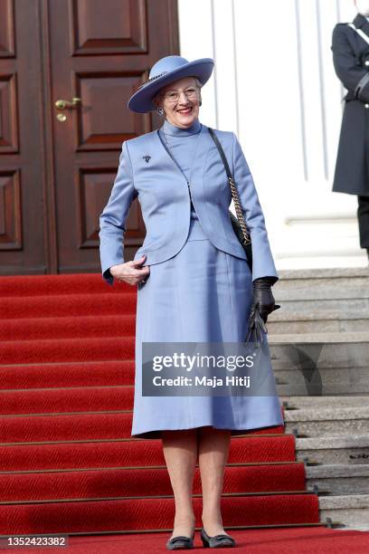 Queen Margrethe II of Denmark arrives at Castle Bellevue on November 10, 2021 in Berlin, Germany. The Danish queen and her son are conducting a state...