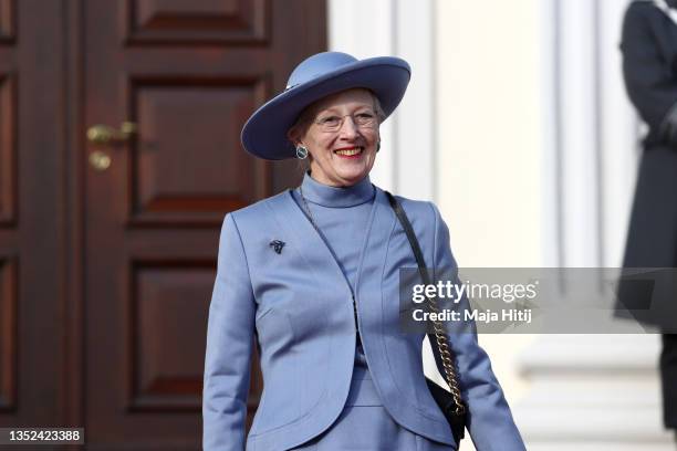 Queen Margrethe II of Denmark arrives at Castle Bellevue on November 10, 2021 in Berlin, Germany. The Danish queen and her son are conducting a state...