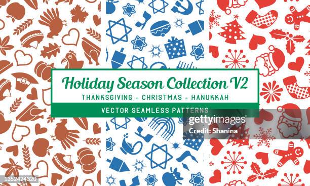 holiday season seamless pattern collection - v2 - christmas hanukkah stock illustrations