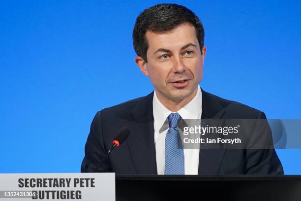 Pete Buttigieg, U.S. Secretary of Transportation, speaks about the Clydebank Declaration on zero emissions in shipping on day ten of the COP26 at...