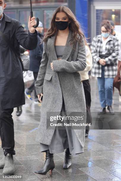 Hailee Steinfeld seen leaving Global Radio Studios on November 10, 2021 in London, England.