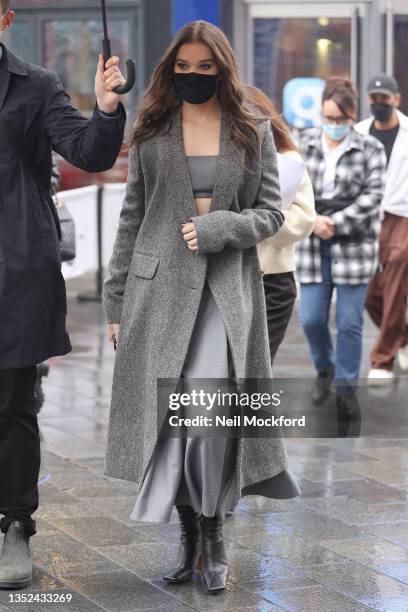 Hailee Steinfeld seen leaving Global Radio Studios on November 10, 2021 in London, England.