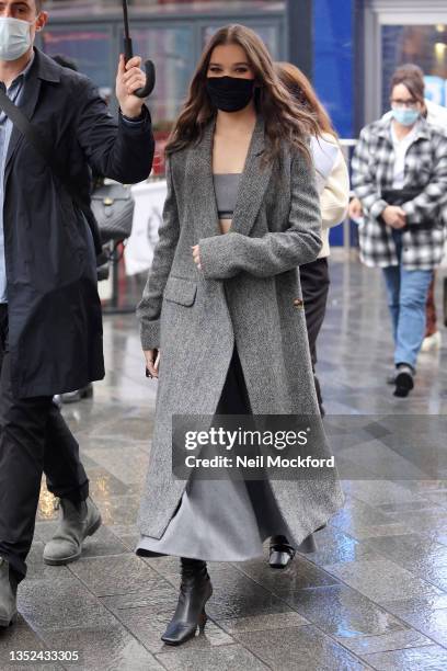 Hailee Steinfeld seen leaving Global Radio Studios on November 10, 2021 in London, England.