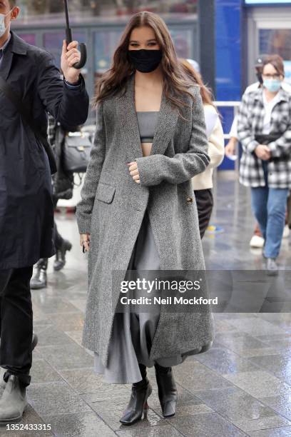 Hailee Steinfeld seen leaving Global Radio Studios on November 10, 2021 in London, England.