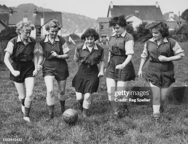 Margaret Parkin, team captain, Gillian Latham, Judy Adams, Myra Beer and Marcia Webb footballers for "The Amazons", the Coombe Martin Women's...