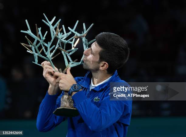 Novak Djokovic of Serbia during the Men's Single's final match against Daniil Medvedev of Russia on Day Seven of the Rolex Paris Masters at...