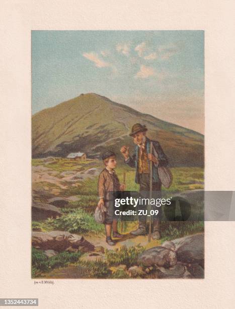 hikers in the krkonoše mountains, chromolithograph, published in 1890 - karkonosze mountain range stock illustrations