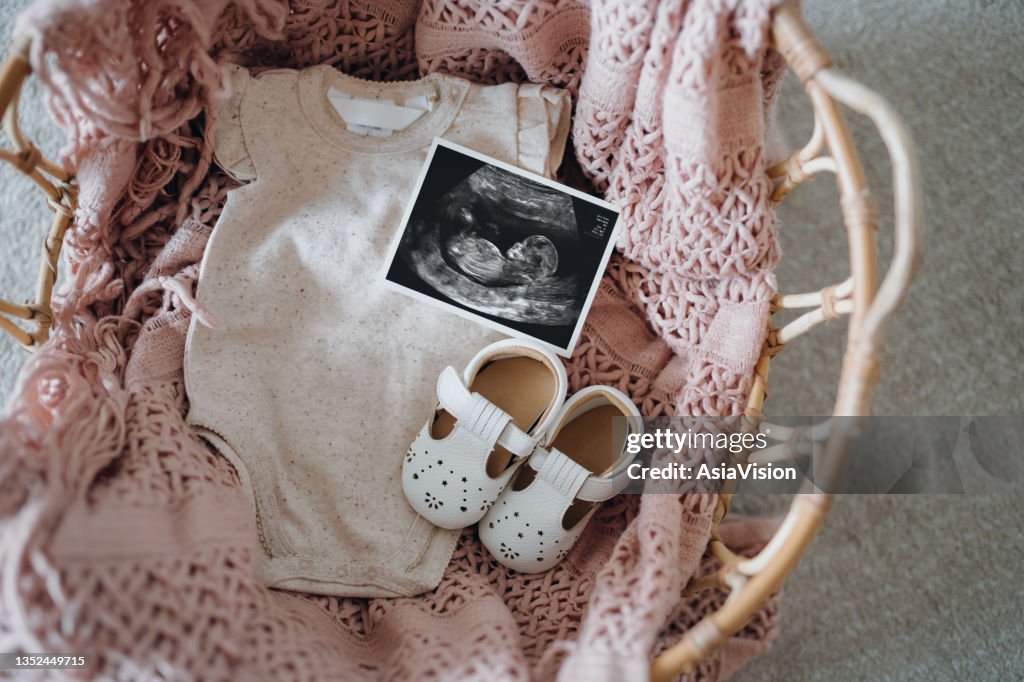Top view of baby clothing, shoes and ultrasound photo in moses basket. Expecting a new life. Preparing for the new born concept