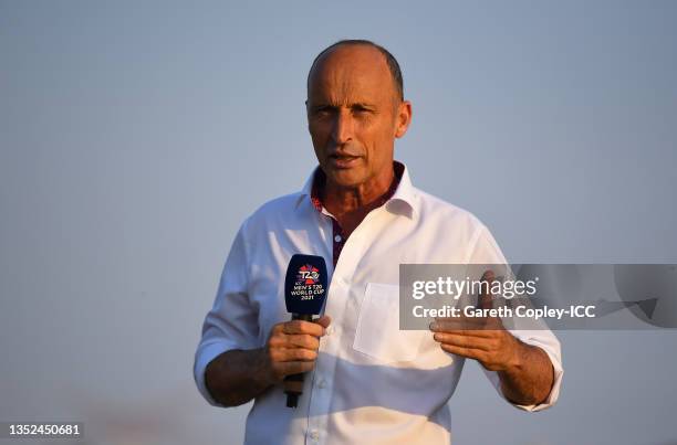 Commentator Nasser Hussain looks on before the ICC Men's T20 World Cup semi-final match between England and New Zealand at Sheikh Zayed stadium on...