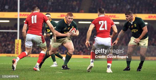 Steven Kitshoff of South Africa on the attack during the Autumn Nations Series match between Wales and South Africa at the Principality Stadium on...