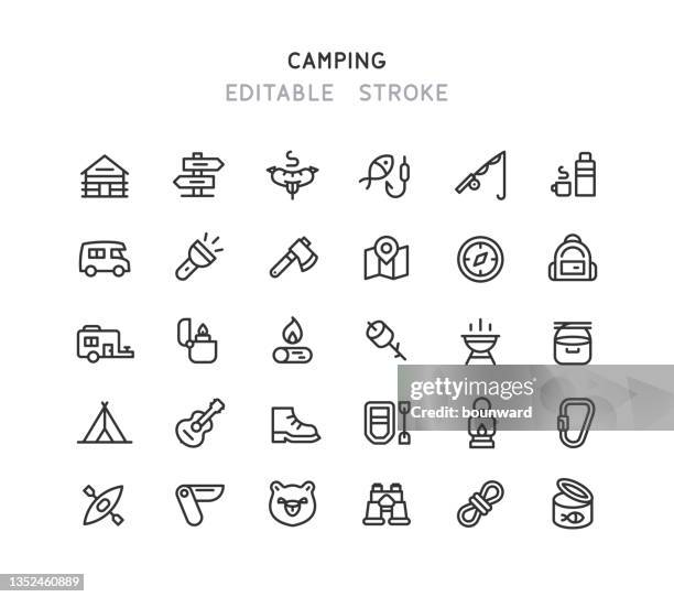 camping line icons editable stroke - cigarette lighter stock illustrations