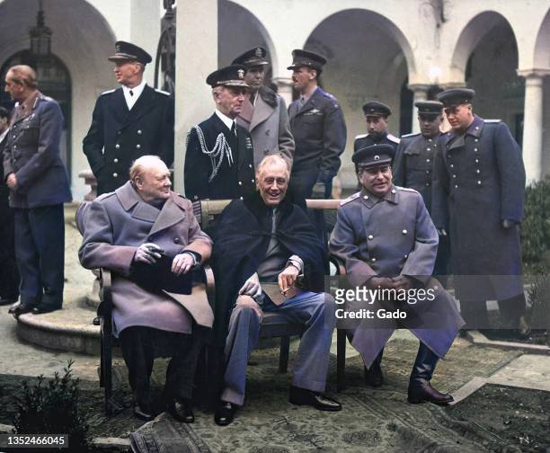 Joseph Stalin, Franklin Roosevelt and Winston Churchill, known as the Big Three, meet in Yalta in the Soviet Union to plan for the postwar period in...