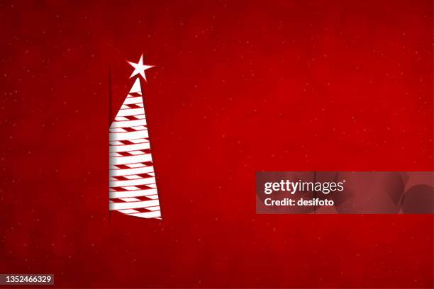 a creative blank horizontal vector illustration of a partially visible white colored christmas tree with crisscross pattern slid into a slit over bright red color xmas backgrounds with copy space - slit clothing stock illustrations