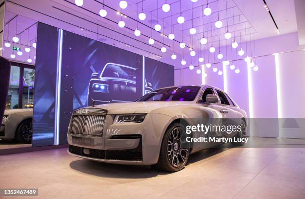 The new Rolls Royce Ghost Black Badge on display in the HR Owen Rolls Royce showroom in Mayfair, London. The Ghost Black badge is the newest model to...