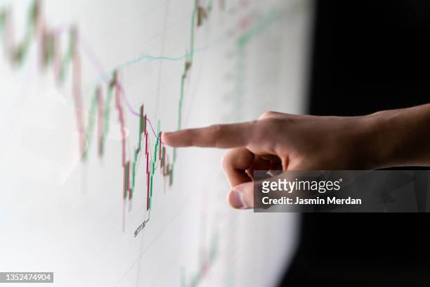 finger pointing at market analysis with digital monitor - stock market traders stock pictures, royalty-free photos & images