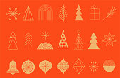 Simple Christmas background, golden geometric minimalist elements and icons. Happy new year banner. Xmas tree, snowflakes, decorations elements. Retro clean concept design