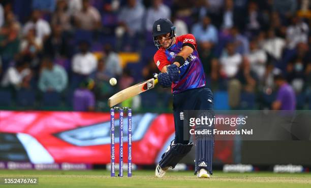 Liam Livingstone of England plays a shot while batting during the ICC Men's T20 World Cup semi-final match between England and New Zealand at Sheikh...