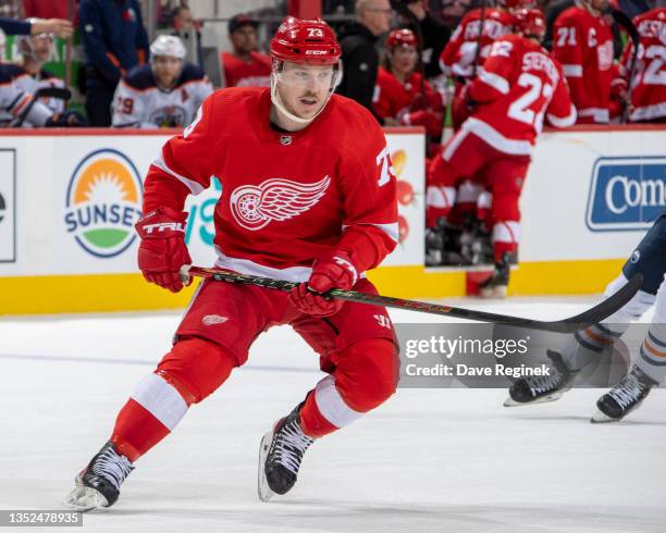 Adam Erne of the Detroit Red Wings follows the play against the Edmonton Oilers during an NHL game at Little Caesars Arena on November 9, 2021 in...