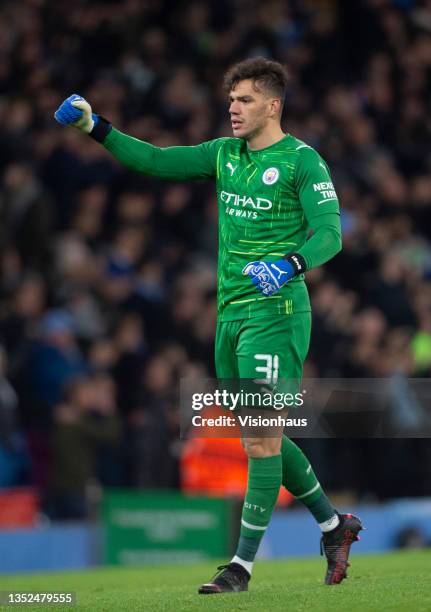 Manchester City goalkeeper Ederson celebrates a goal during the UEFA Champions League group A match between Manchester City and Club Brugge KV at...