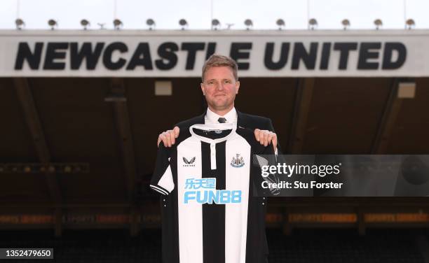 New Newcastle Head Coach Eddie Howe pictured with the club shirt at his unveiling press conference at St. James Park on November 10, 2021 in...