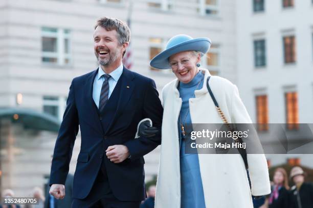 Crown Prince Frederik of Denmark and Queen Margrethe II of Denmark visit the Brandenburg Gate on November 10, 2021 in Berlin, Germany. The Danish...