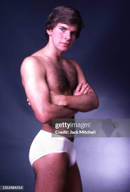 Shirtless portrait of actor and model Jeff Roland, New York, New York, November 1978.