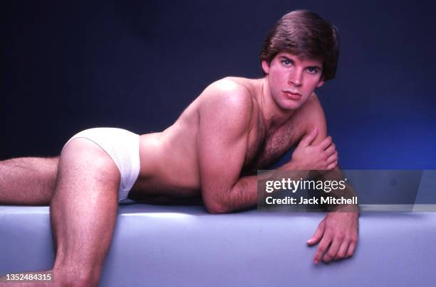 Shirtless portrait of actor and model Jeff Roland, New York, New York, November 1978.