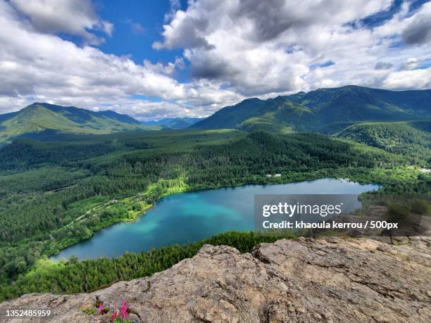 scenic view of lake and mountains against sky - khaoula stock pictures, royalty-free photos & images